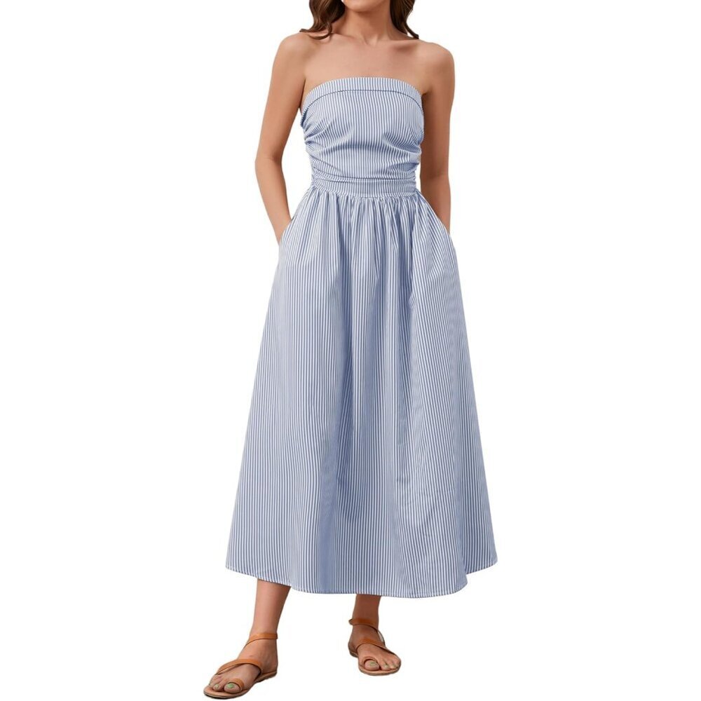 Women Striped Cotton Blend Maxi Dress Sleeveless Summer Casual Flowy